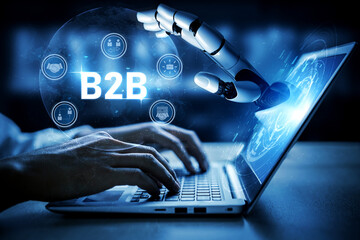 Poster - AI artificial intelligence enhances B2B strategy with smart tools and virtual assistants to optimize communication, streamline operations, and improve business market efficiency. Vouch