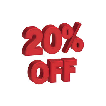3d red 20% off text isolated on transparent background. 