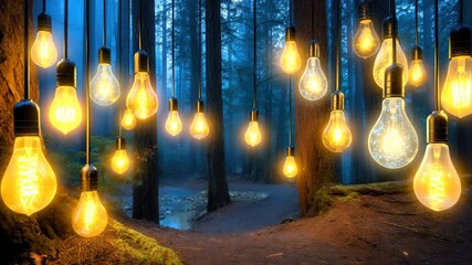 Poster - Forest path in the dark with hanging glowing incandescent lights creating a warm glow among the trees and stream