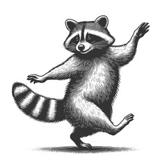 Wall Mural - cheerful raccoon dancing, full of charm and playfulness sketch engraving generative ai vector illust