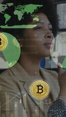 Poster - Animation of financial data processing and bitcoins over businesswoman