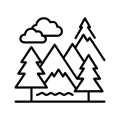 Poster - Mountain landscape vector illustration with trees, clouds, and water for nature and outdoor designs