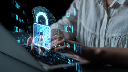 Poster - cyber security protects against breaches, hacks, and network attacks using strong infrastructure and