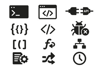 black set of 12 dev icons. minimal vector for software, scripts, and code systems.