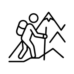 Poster - Hiking adventure icon: mountain climber with backpack and walking stick vector illustration outline style