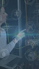 Poster - Animation of falling icons over caucasian female server room worker