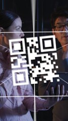 Poster - Animation of digital data processing and qr code over two diverse server room workers