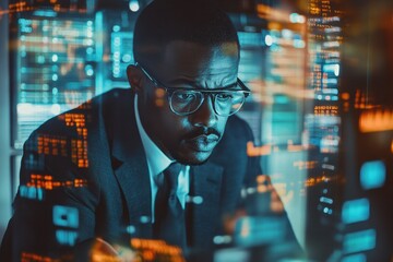 Poster - Financial data processing showcasing an African American professional engaged in analytical work at a modern office, financial data processing over african american businessman in office