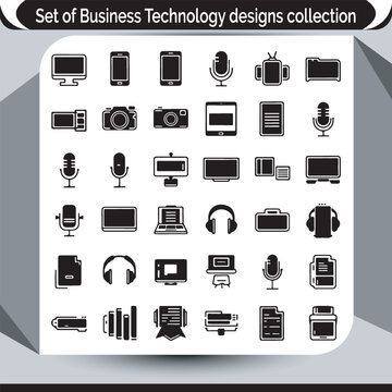 Business Technology Designs Collection of Icons Representing Modern Devices and Tools for Digital Work and Communication in a Vector Format