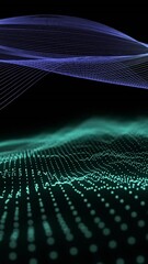 Poster - Animation of curved blue mesh structure over undulating green 3d landscape on black background