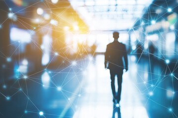 Poster - Caucasian businessman walking through a modern airport with a network of connections overlay, network of connections over caucasian businessman walking in office