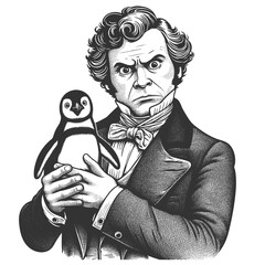 Wall Mural - victorian gentleman in a top hat holding a surprised penguin sketch engraving generative ai fictiona