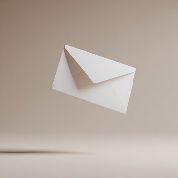 A white envelope floats above a neutral beige surface, casting a soft shadow beneath it.