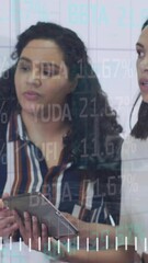 Poster - Animation of graph and data processing over diverse male and female colleagues in office discussion
