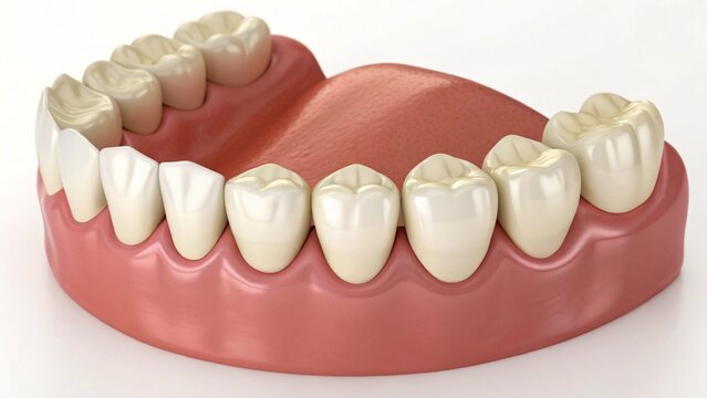 A detailed 3D rendering of a healthy human lower jaw, showcasing a complete set of white, anatomically correct teeth securely set in pink gums. This image is ideal for dentistry, oral health