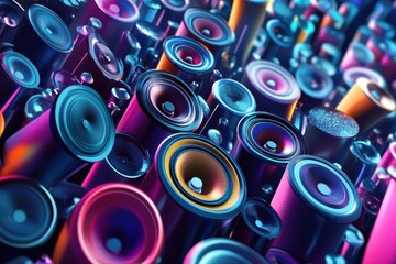 Aufkleber - Colorful abstract representation of speakers elevating in a vibrant music atmosphere, Speakers going up ing music abstract animated background