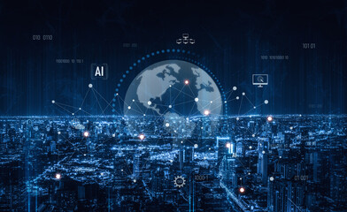 Poster - Global AI network showing connection between AI, global, and network elements across the digital world and data infrastructure Vouch