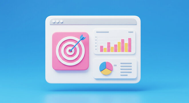 A white interface with a target, arrow, bar graph, and pie chart on a light blue background space
