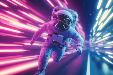 Poster - Astronaut runs along glowing road in a vibrant night landscape, 3D of astronaut running through night road withfluorescent lights in retro sunset
