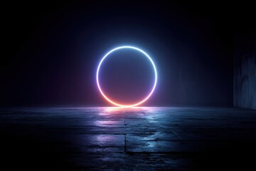 Poster - Glowing neon circle on a reflective floor in a dark space