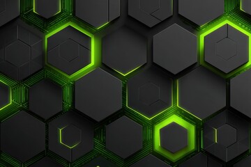 Poster - Geometric black and green technology background with glowing hexagonal elements