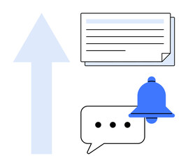 Poster - Notification bell, chat bubble, upward arrow, and document symbolize updates, messaging, progress, and reports. Ideal for communication, teamwork productivity feedback development alerts