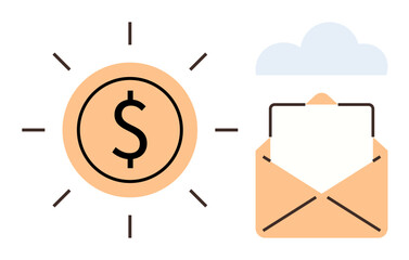 Poster - Dollar sign encircled with rays symbolizing financial success near an open envelope with cloud overhead. Ideal for finance, email, payments, cloud storage, communication, business, online services