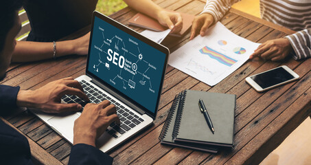 Poster - SEO search engine optimization for modish e-commerce and online retail business showing on computer screen