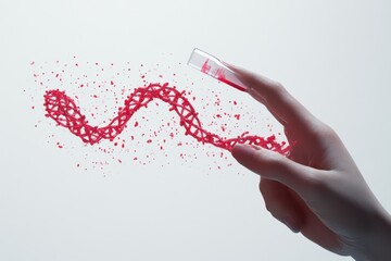Poster - DNA strands spin gracefully over a hand holding a test tube filled with sample fluid, dna strands spinning over hand with test tube with blood on Transparent background