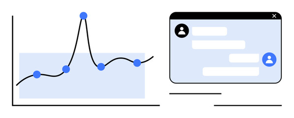 Poster - Line graph with data points beside a chat window featuring user icons and messages. Ideal for teamwork, communication, collaboration, productivity, analytics, business growth, simple landing page