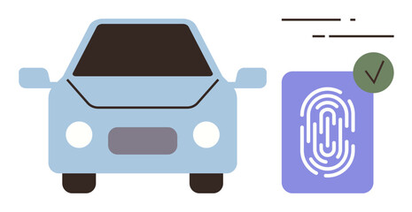 Poster - Blue car and fingerprint technology card with verification symbol. Ideal for car security, technology, innovation, biometric authentication, transportation, modern design, simple flat metaphor