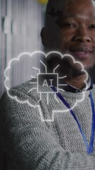 Poster - Animation of ai text, icons and male african american it engineer and computer servers