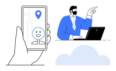 Poster - Hand holding smartphone with location pin and happy face, man with laptop pointing, cloud element. Ideal for technology, navigation, remote work, collaboration, connectivity, location services