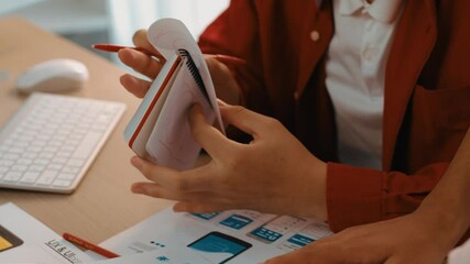 Poster - Panorama video of startup company employee planning on user interface prototype for mobile application or website in office. UX UI designer brainstorm designing user friendly interface plan. Synergic