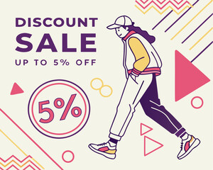Poster - Discounted template featuring geometric abstract designs and colorful Memphis backgrounds, suitable for social media posts, stories, or advertisement purposes