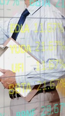 Poster - Stock market data processing against man checking stock in warehouse
