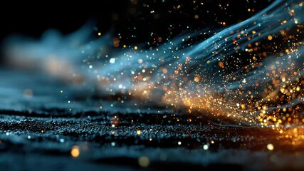 Poster - Dynamic stream of glowing abstract particles flowing over a dark surface in an energetic motion blur effect