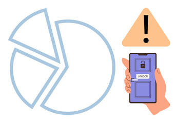 Poster - Hand holding phone with lock icon, warning sign, and pie chart. Ideal for cybersecurity, data protection, analytics, caution, technology security, risk management simple flat metaphor