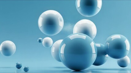 Wall Mural - Spheres floating on blue surface. Minimalist abstract design for science, tech, or cosmetic presentation