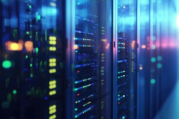 Poster - High tech data center server racks glowing with blue and green lights in soft focus corridor, perfect for cloud technology, network solutions, and digital infrastructure themes