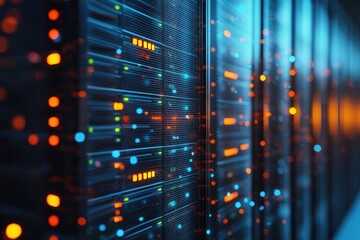 Poster - Colorful illuminated server racks with glowing lights and reflections in modern data center, perfect for cloud computing, IT infrastructure, and cybersecurity concepts