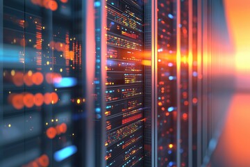 Poster - Glowing server racks in a sunlit futuristic data center corridor, ideal for cloud services, cybersecurity, networking infrastructure, and modern digital technology concepts