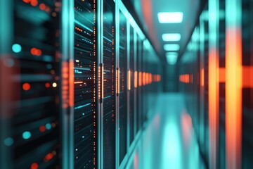 Poster - Futuristic glowing data center server rack corridor with vibrant lights and reflections, ideal for tech ads, cybersecurity visuals, cloud infrastructure presentations