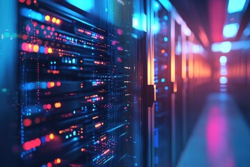 Poster - Colorful glowing data center corridor with illuminated server racks and blurred reflections, ideal for cloud infrastructure, AI systems, cybersecurity, and IT network visuals
