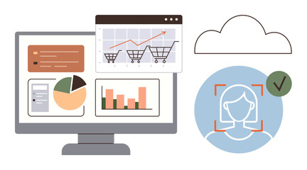 Poster - Computer monitor displaying analytics, shopping cart trends, charts, and facial recognition next to a cloud icon. Ideal for technology, business growth, e-commerce, cloud computing, data security