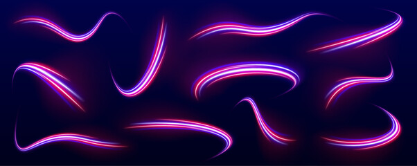 Fototapete - Vector speed of light in space on dark background. Abstract background in blue, yellow and orange neon colors. Magic of moving fast lines. Laser beams, horizontal light rays. Particle motion effect.	