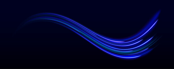 Fototapete - Vector speed of light in space on dark background. Abstract background in blue, yellow and orange neon colors. Expressway in long delay, with car lights at night on autobahn. 