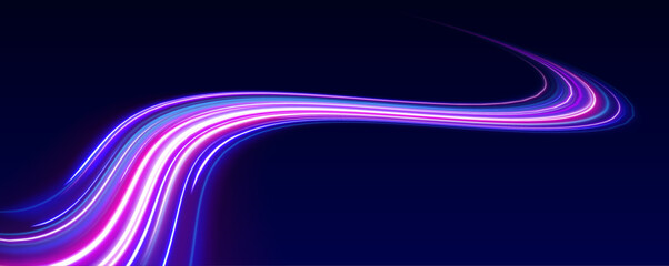 Fototapete - Neon beams speed down a dark road, creating a sense of endless movement. The vibrant colors and glowing lights emphasize the fast pace of modern technology.	
