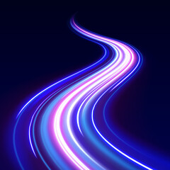 Fototapete - Particle motion light effect. Abstract fire flare trace lens flares. Long exposure of motorways as speed. Luminous sparkling lines, glowing violet speed rays.	