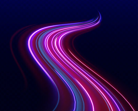 Particle motion light effect. Abstract fire flare trace lens flares. Long exposure of motorways as speed. Luminous sparkling lines, glowing violet speed rays.	